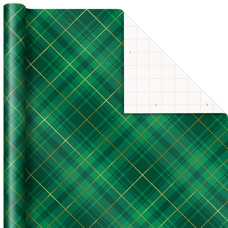 Hallmark Elegant Christmas Wrapping Paper with Cut Lines on Reverse (3  Rolls: 120 sq. ft. ttl) Gold Trees, Emerald Green Plaid, Gold Geometric