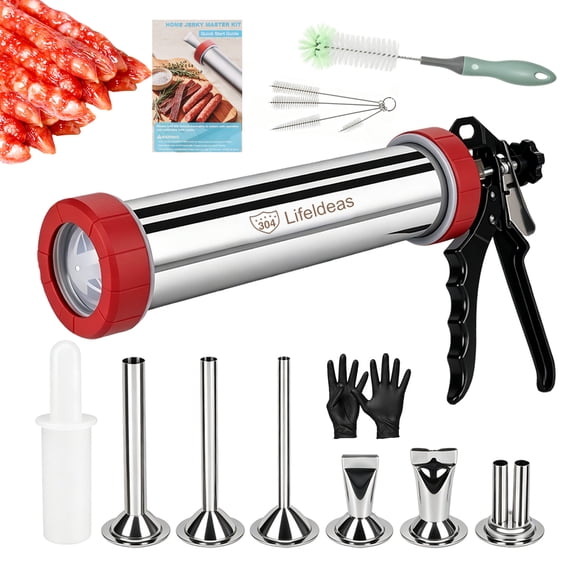 2LB Jerky Gun Kits, 304 Stainless Steel Beef Stick Gun, Beef Jerky Shooter Cannon with 6 Versatile Nozzles, Suitable for 19mm Snack Stick, with 5 Cleaning Brushes and 1 Meat Pusher