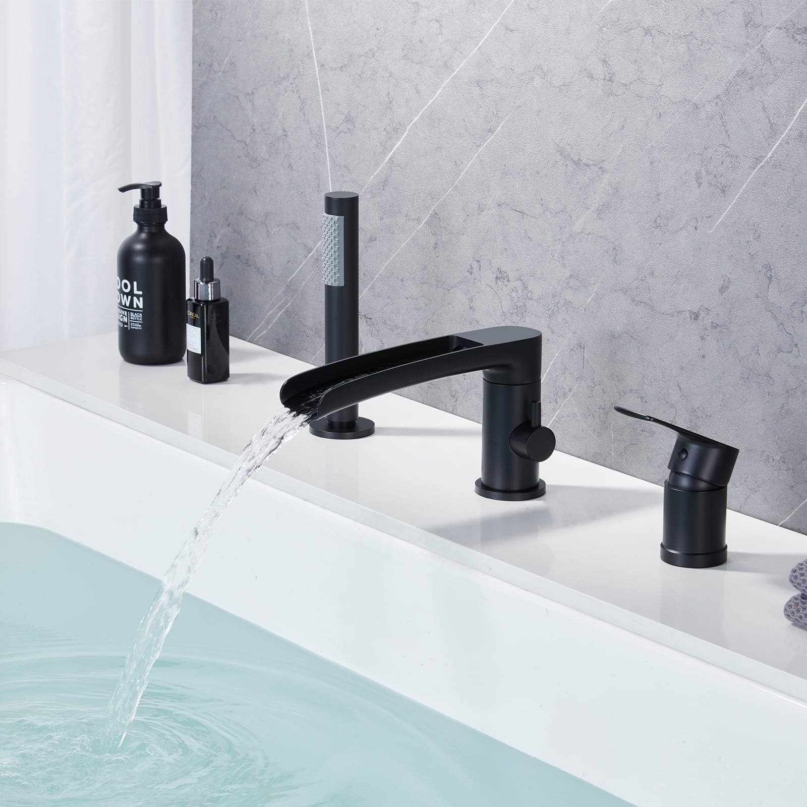 Roman Bathtub Faucet with Sprayer Deck Mount 3-Hole Tub Filler Faucet, Black Waterfall Roman Tub Faucet with Valve Included