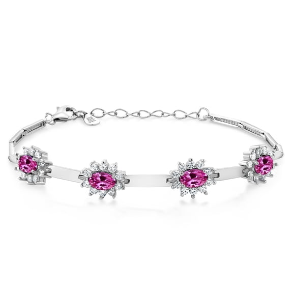 Gem Stone King 925 Sterling Silver Pink Created Sapphire and White Created Sapphire Bracelet for Women (3.60 Cttw, Gemstone September Birthstone, Oval 6X4MM, 7 inch 1 inch Extender)