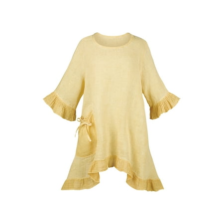 Catalog Classics Pastel Linen Tunic Top - 3/4 Length Sleeves Ruffled Hem &