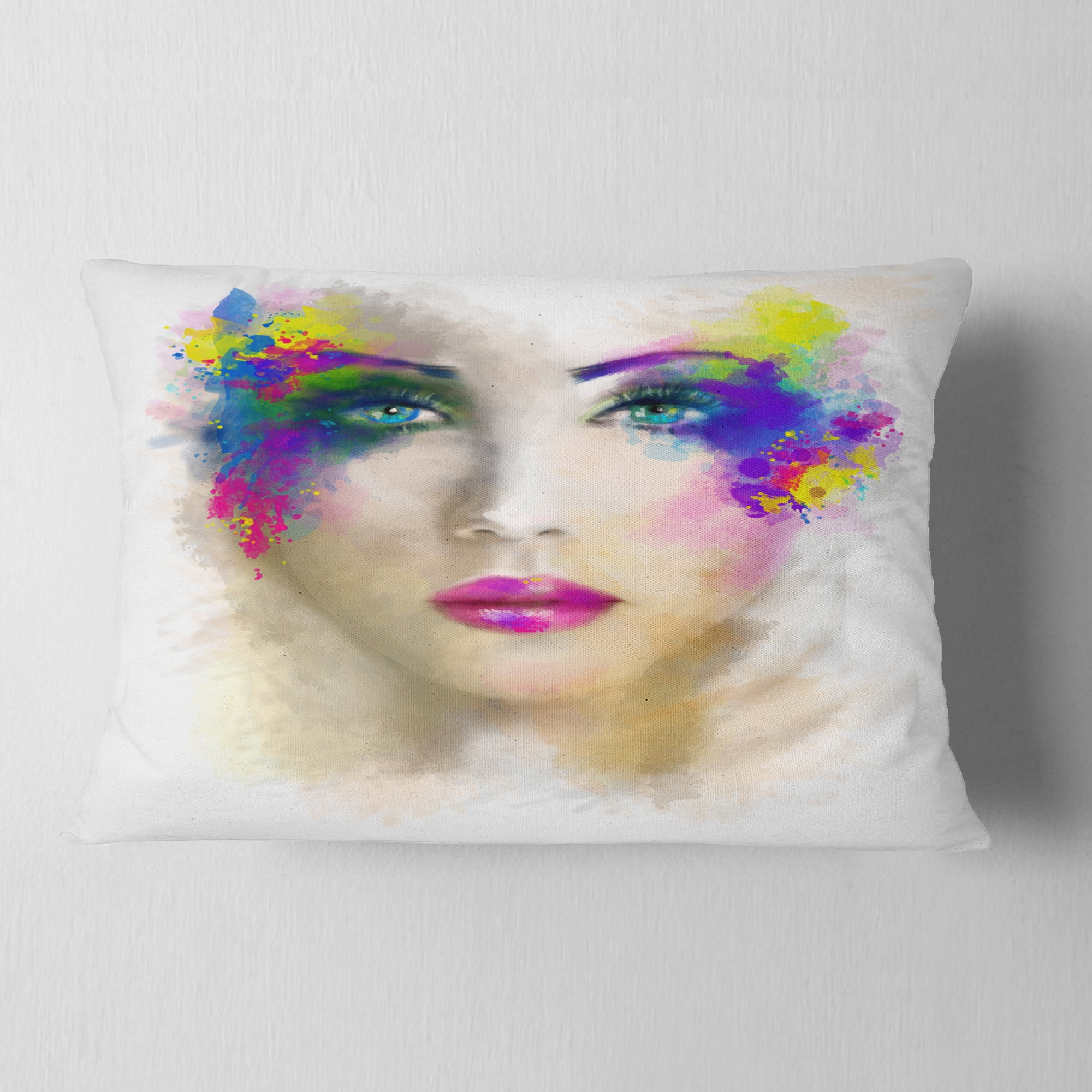 Designart Fantast Woman with Blue Flowers - Abstract Portrait Throw Pillow - 12x20