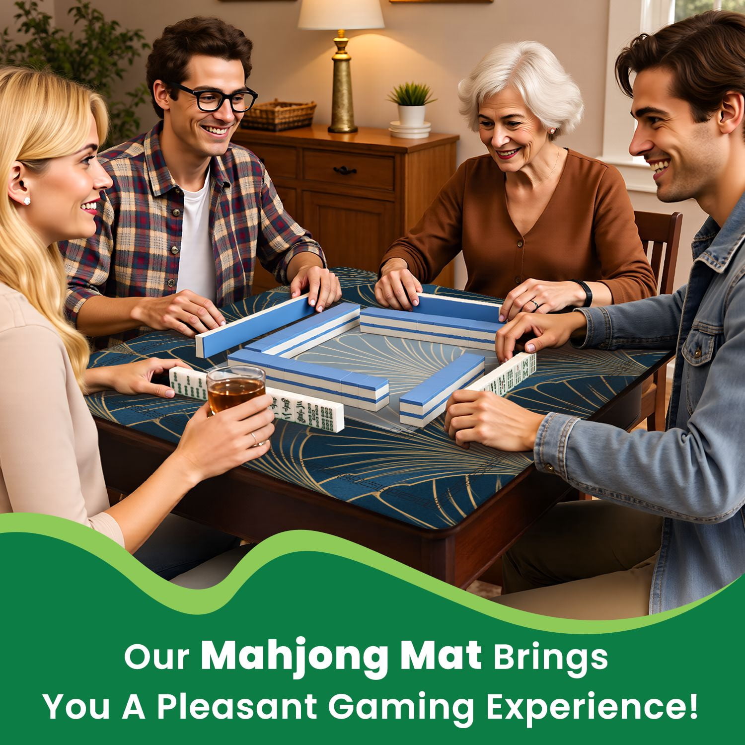 Mahjong Mat 31.5" x 31.5" Golden elements blue seamless Art style Non-Slip Noise Reduction American Mahjong Tiles Table Cover for Dominoes Poker Card Board Games Gift