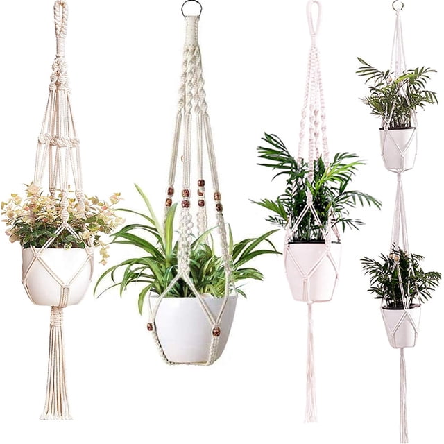 Macetero colgante de macramé, resistente y exquisito, cuerda de algodón, 4 patas, flores de macramé tejidas a mano para decoración de balcones y jardines (4)