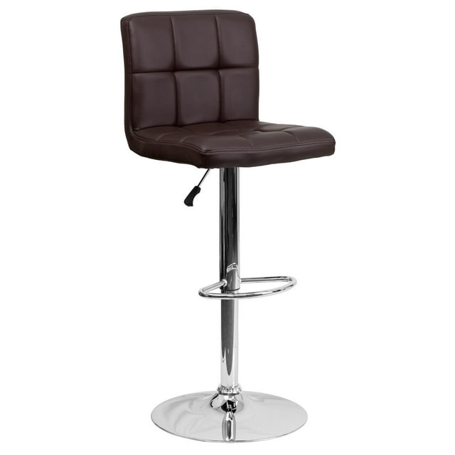 Contemporary Brown Quilted Vinyl Adjustable Height Barstool with Chrome Base