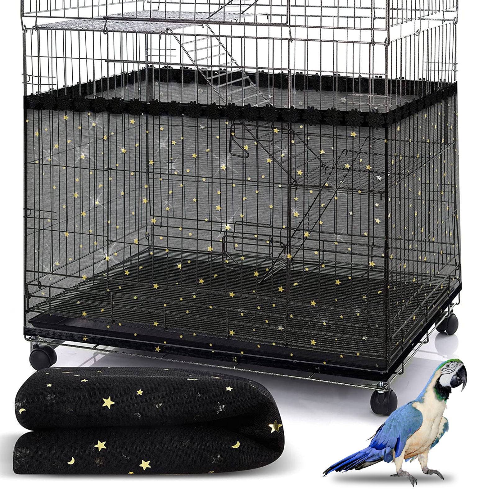 Bird Cage Cover Mesh Pet Birds Parrot Cage Cover Universal Nylon Net Cover Catcher Guard Net Mesh Skirt Black 