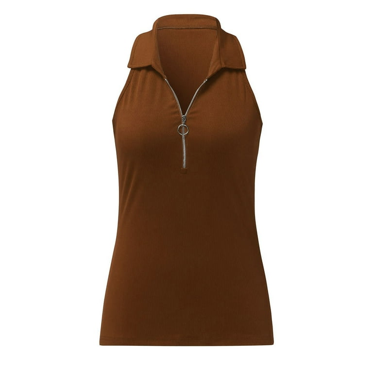 Women Lapel Collar Zipper Sleeveless Ribbed Knit Tank Top