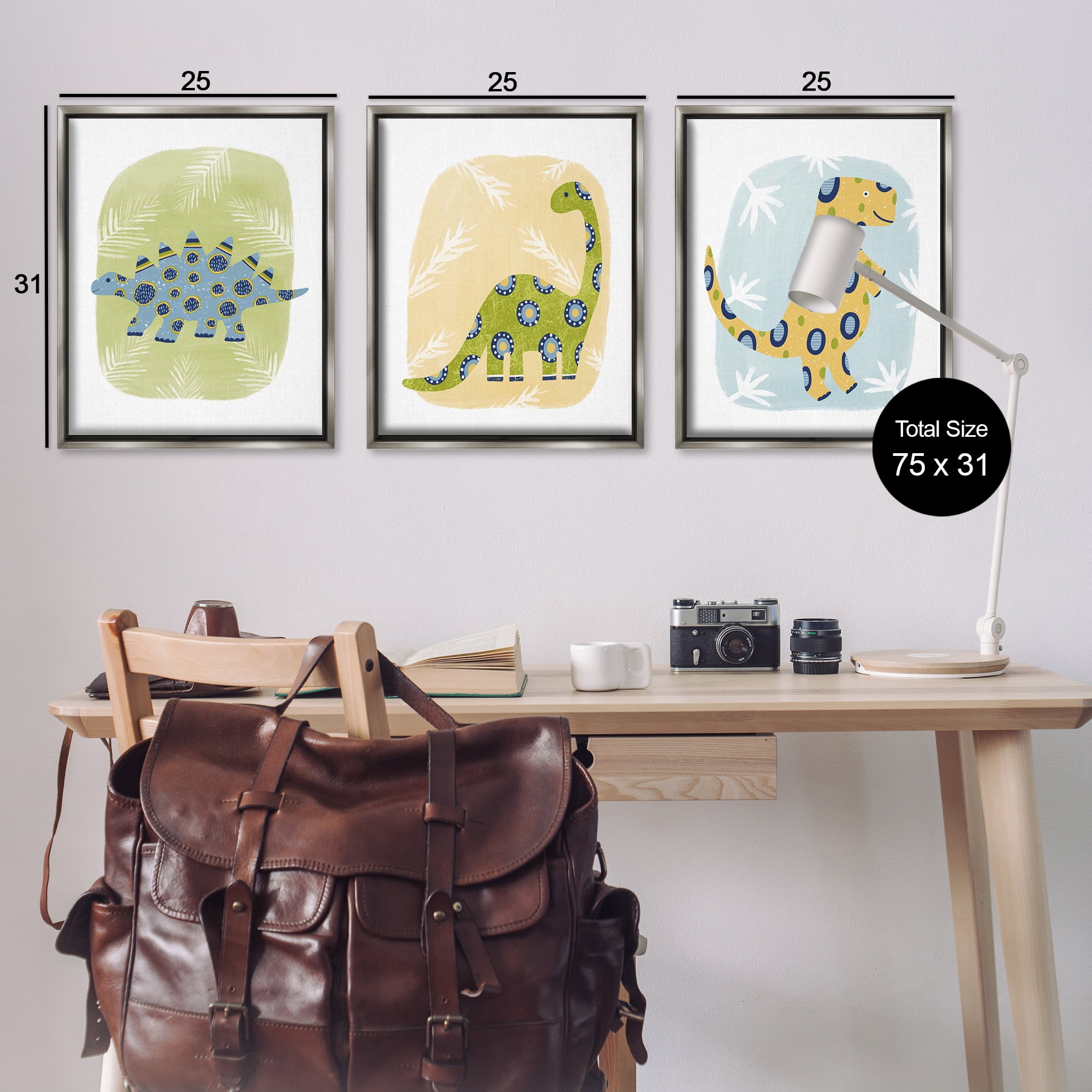 Stupell Industries Three Patterned Dinosaurs Animals Painting Gray Floater Framed Canvas Art Print Wall Art, 25 x 31, Set of 3