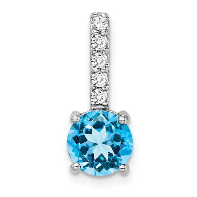 Diamond2Deal 14K White Gold Round Blue Topaz and Diamond Pendant for Women (L- 0.69 inch, W- 0.28 inch)