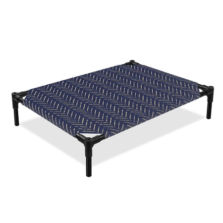 Blue and Elevated Dog Bed Yellow Striped Geometric Cooling Breathable Outdoor Raised Dog Cot Bed with Metal Frame Non-Slip Feet for Medium Dog 24x20in
