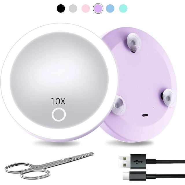 HUGFEGWE Travel Magnifying Mirror with Light 10X, 4inch Rechargeable Lighted Compact Pocket Makeup Mirror with Suction Cups AZ824-25215