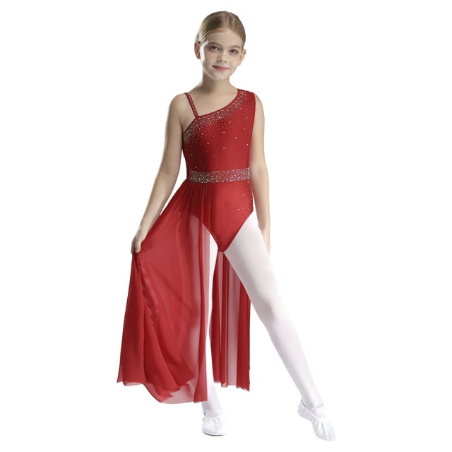 Linjinx Robe de Danse Lyrique pour Filles, Patinage Artistique, Longue Robe Sans Manches, Justaucorps de Gymnastique Bordeaux 12