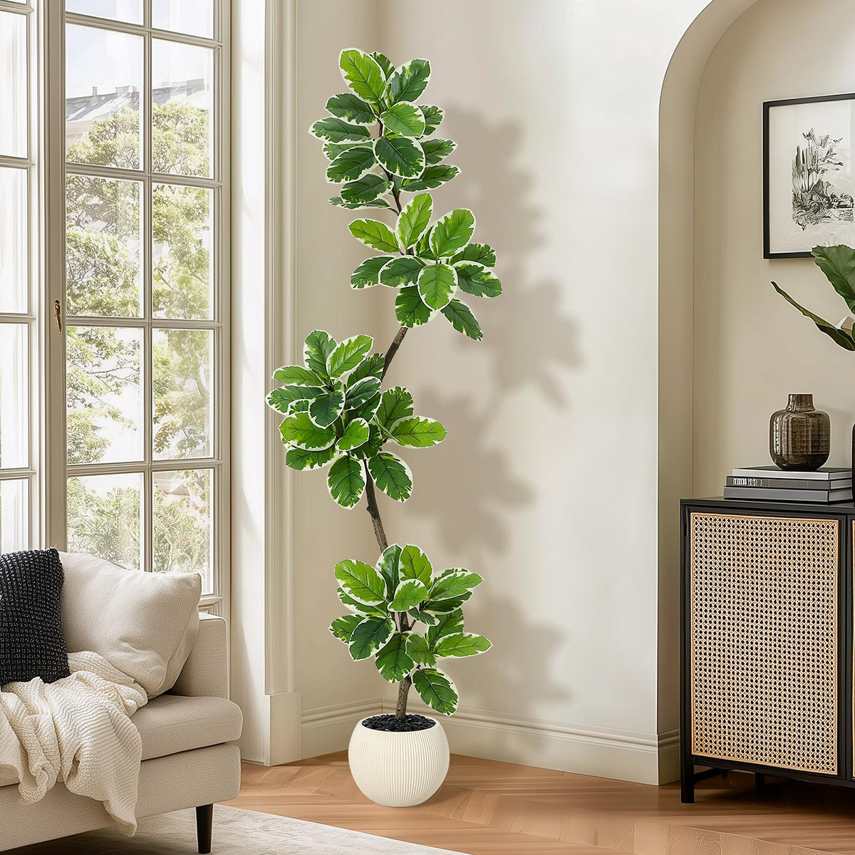Ataucjin Artificial Fiddle Leaf Fig Tree, 5FT Tall Faux Rubber Tree with Sphere Planter, Tall Artificial Plants with Moss for Home Decor Office Living Room