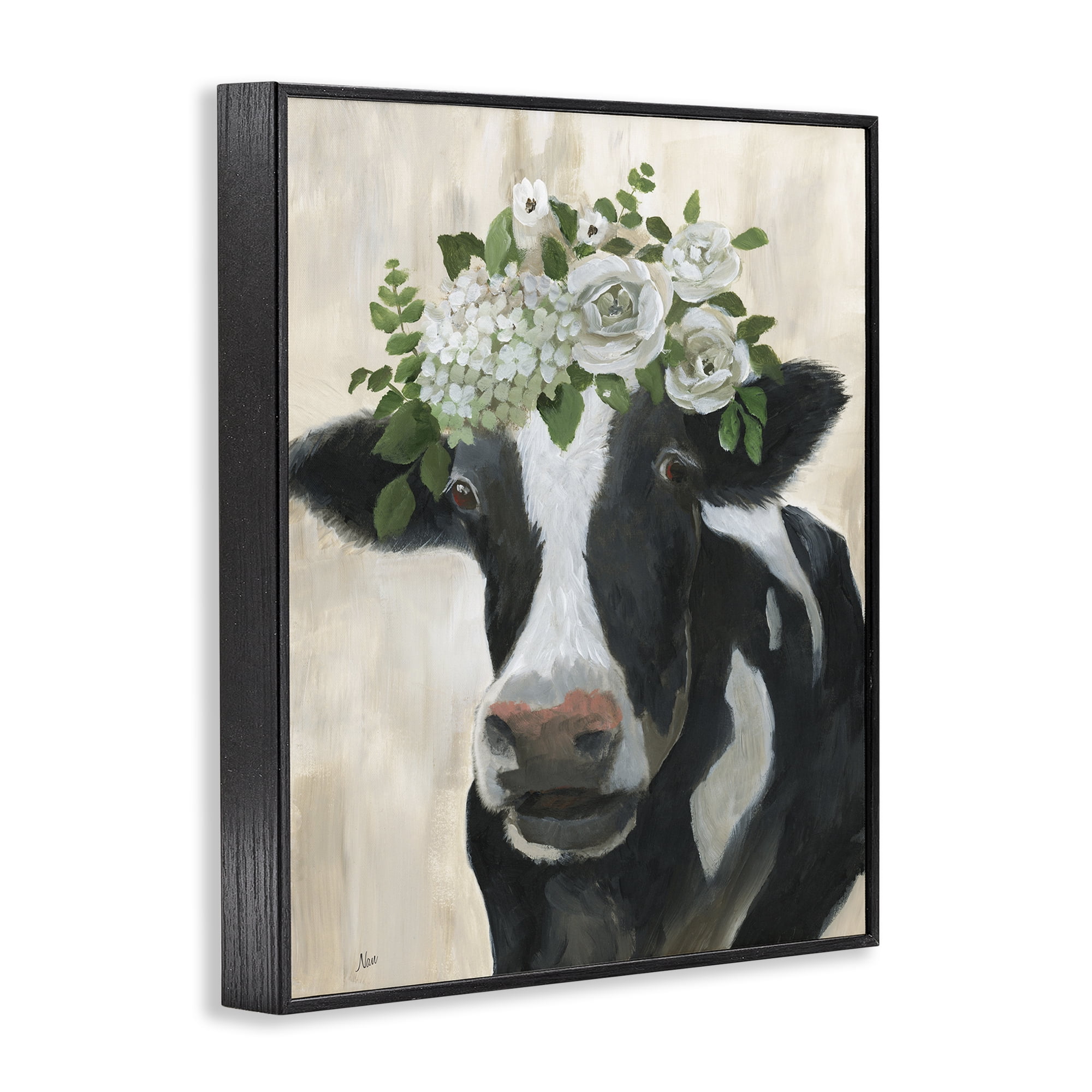 Stupell Industries Floral Crown Cow Animals & Insects Painting Black Framed Art Print Wall Art, 11 x 14