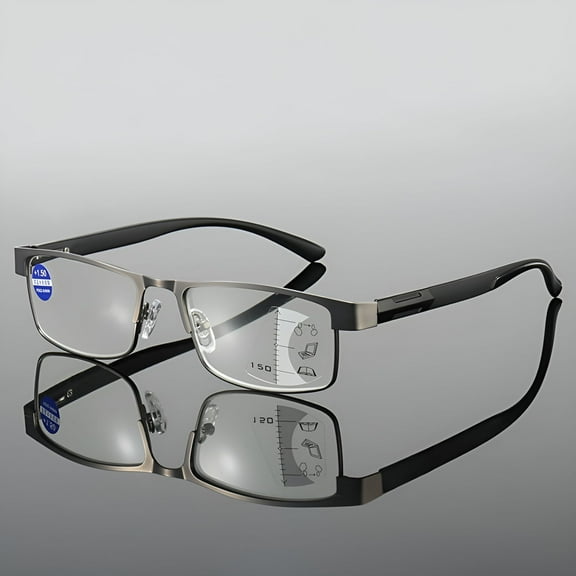 GJX Rectangular Business Progressive Reading Glasses 1.5 for Men Metal Spring Hinge Temple Readers,Gunmetal Classic Presbyopic Sunglasses  1.50