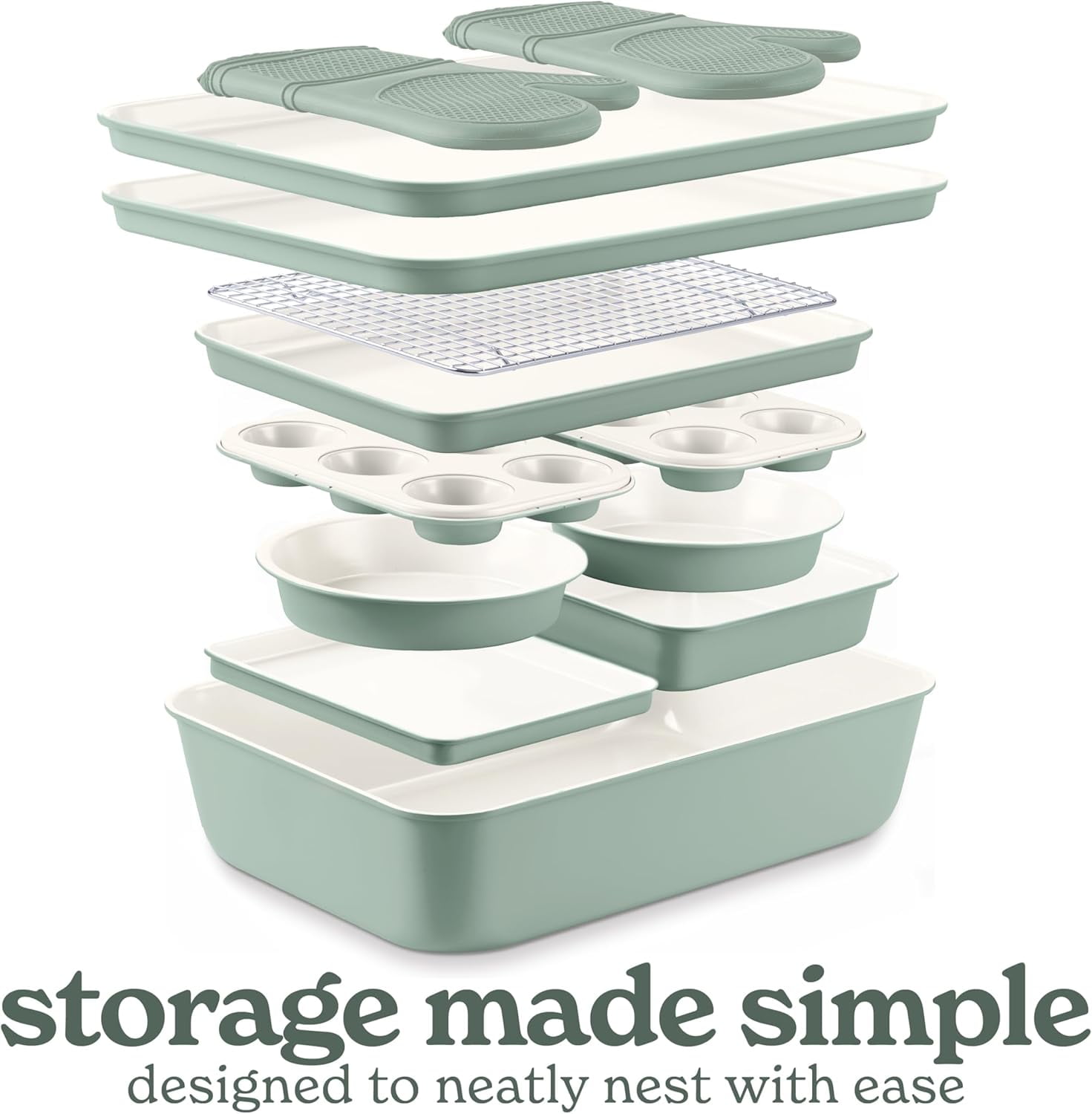 COOK WITH COLOR Nonstick Stackable Bakeware Set, 13-Pc Baking Set with Baking Sheets & Pans, Sage