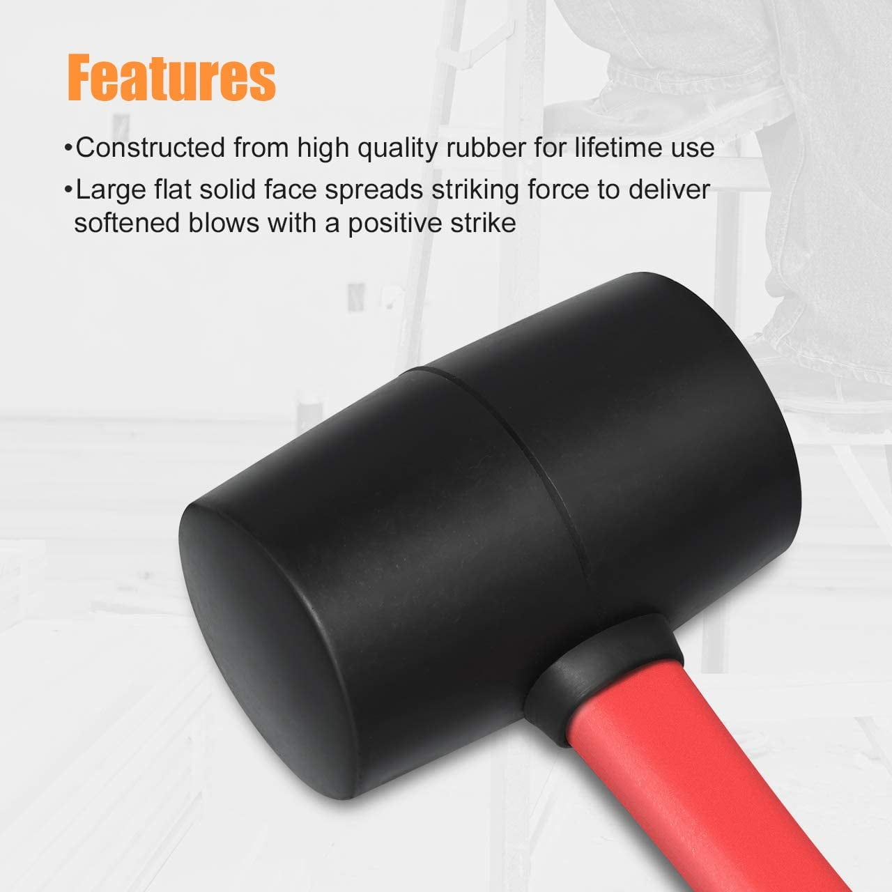 Fibergla Handle Rubber Mallet Hammer Set, 8 OZ and 16 OZ, Soft Blow Tasks without Damage, Black with Red, 2 Packs