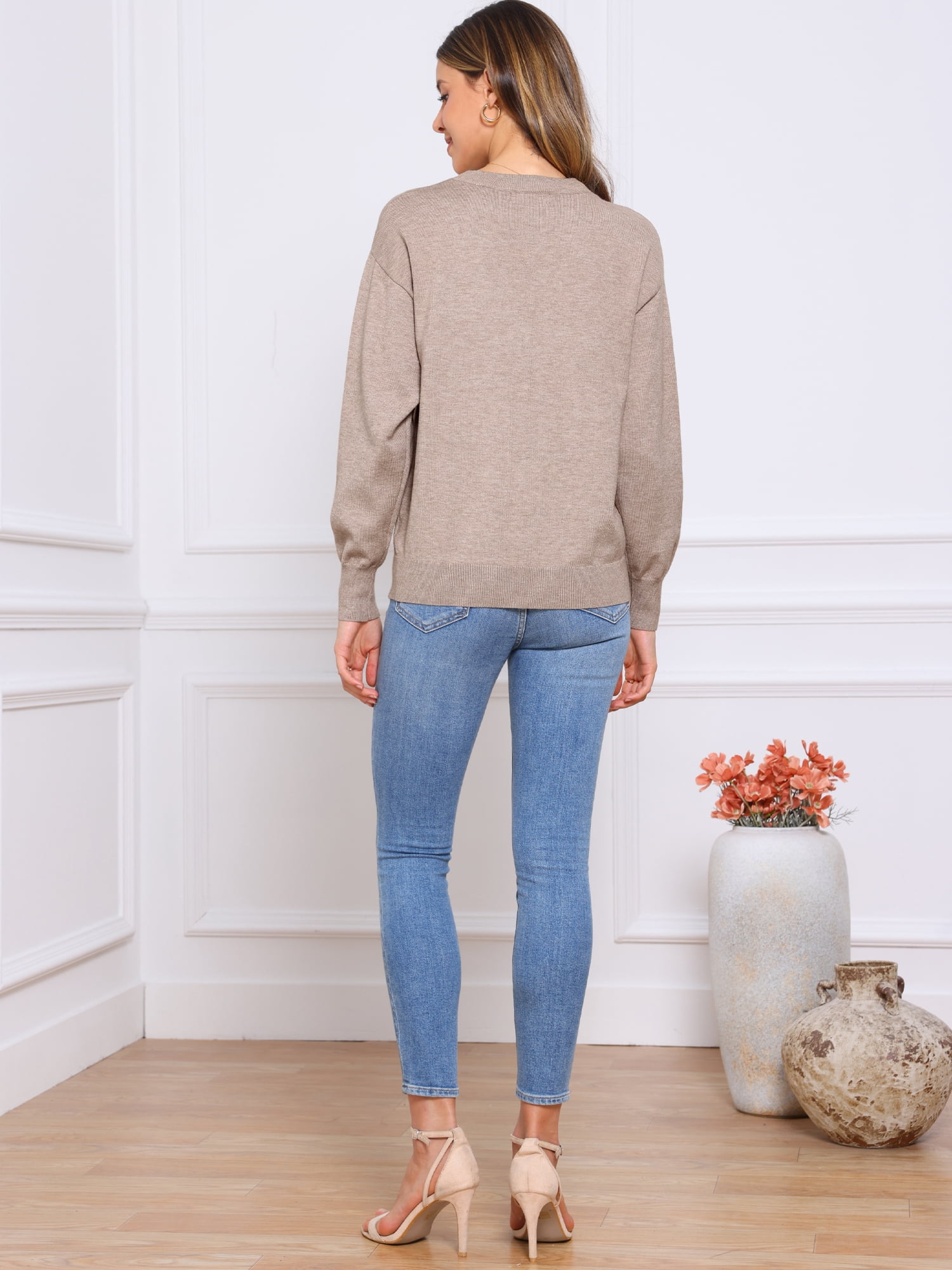 DARING DIVA Women's Long Sleeve Lightweight Crew Neck Knit Top M Khaki Brown