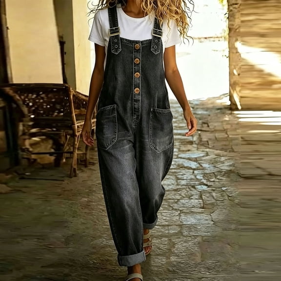 Pounoo Women's Rompers Denim Button Front Overalls Vintage Casual Style Lightweight Loose Wide Leg Comfort Jumpsuits Gift