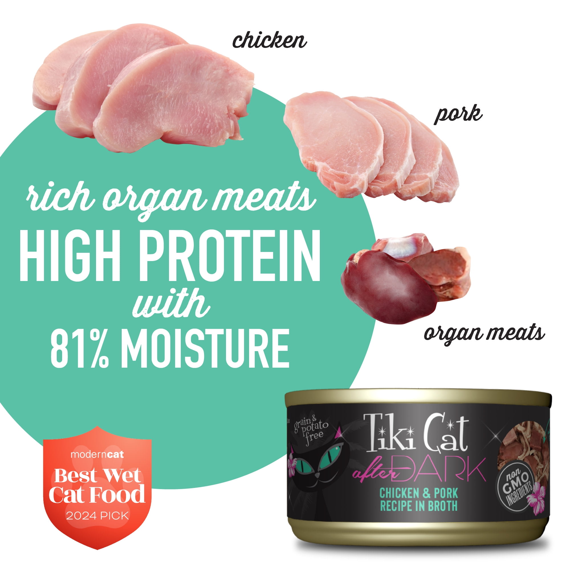 (24 pack) Tiki Cat After Dark Whole Foods Wet Cat Food, Chicken & Pork, 2.8 oz. Can