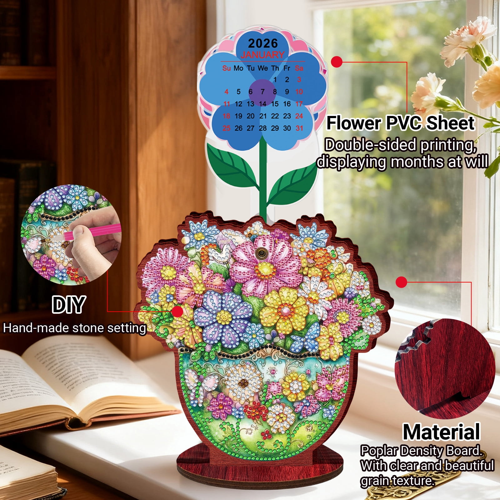 FLOPESN 2026-2027 Wooden Desktop Calendar DIY Diamond Art Painting Kits,Creative Design PVC Insert Home Decor Ornament-Bouquet