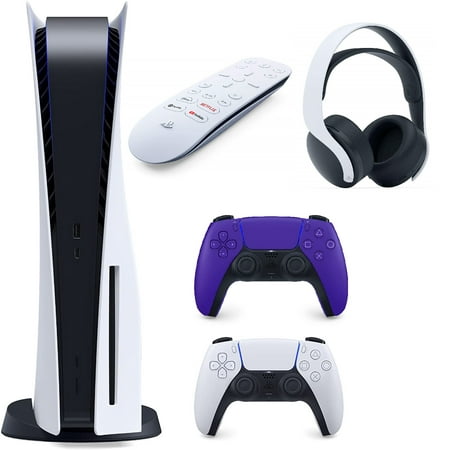 PS5 Console Sony Playstation 5 with PS5 Controller – High Speed SSD Gaming Console PS Five with Extra Galactic Purple DualSense Controller, Playstation Media Remote, and White Pulse Headset Included