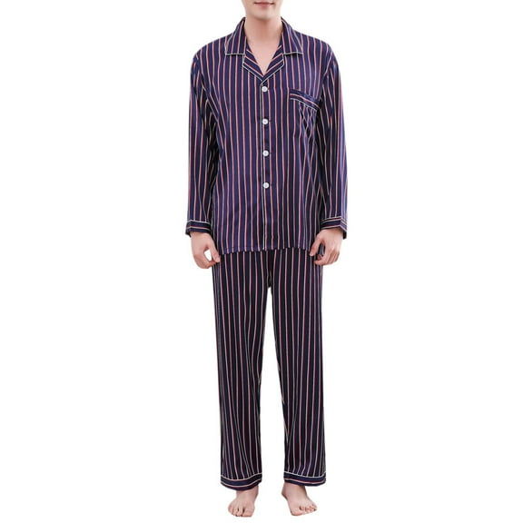 Striped Pajama Set for Men Loose Sleepwear Long Sleeve Button Down Home Shirts and Lounge Shorts 2 Piece Set Comfort Nightwear