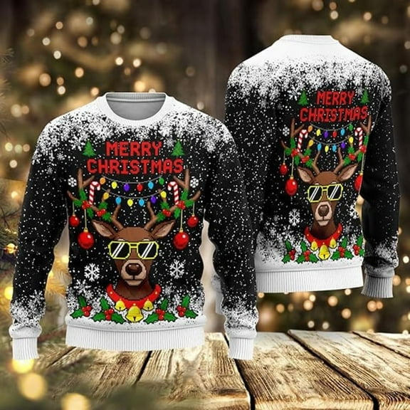 Cool Reindeer Ugly Christmas Sweater, Funny Xmas Sweater with Lights, Shades & Antler Ornaments for Men and Women