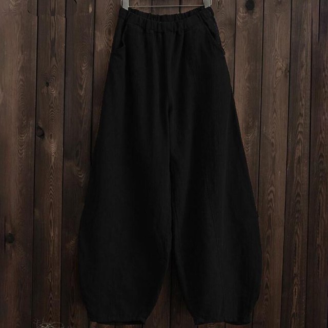 Pantalons Larges en Coton et Lin Style Bloomers Longueur Complète Pantalons Élégants Unis Élastiques