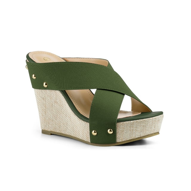 BLISSFUL STEP Sandales à Plateforme en Lin pour Femmes à Talon Compensé, Bout Ouvert, Brides Croisées, Vert Foncé 10