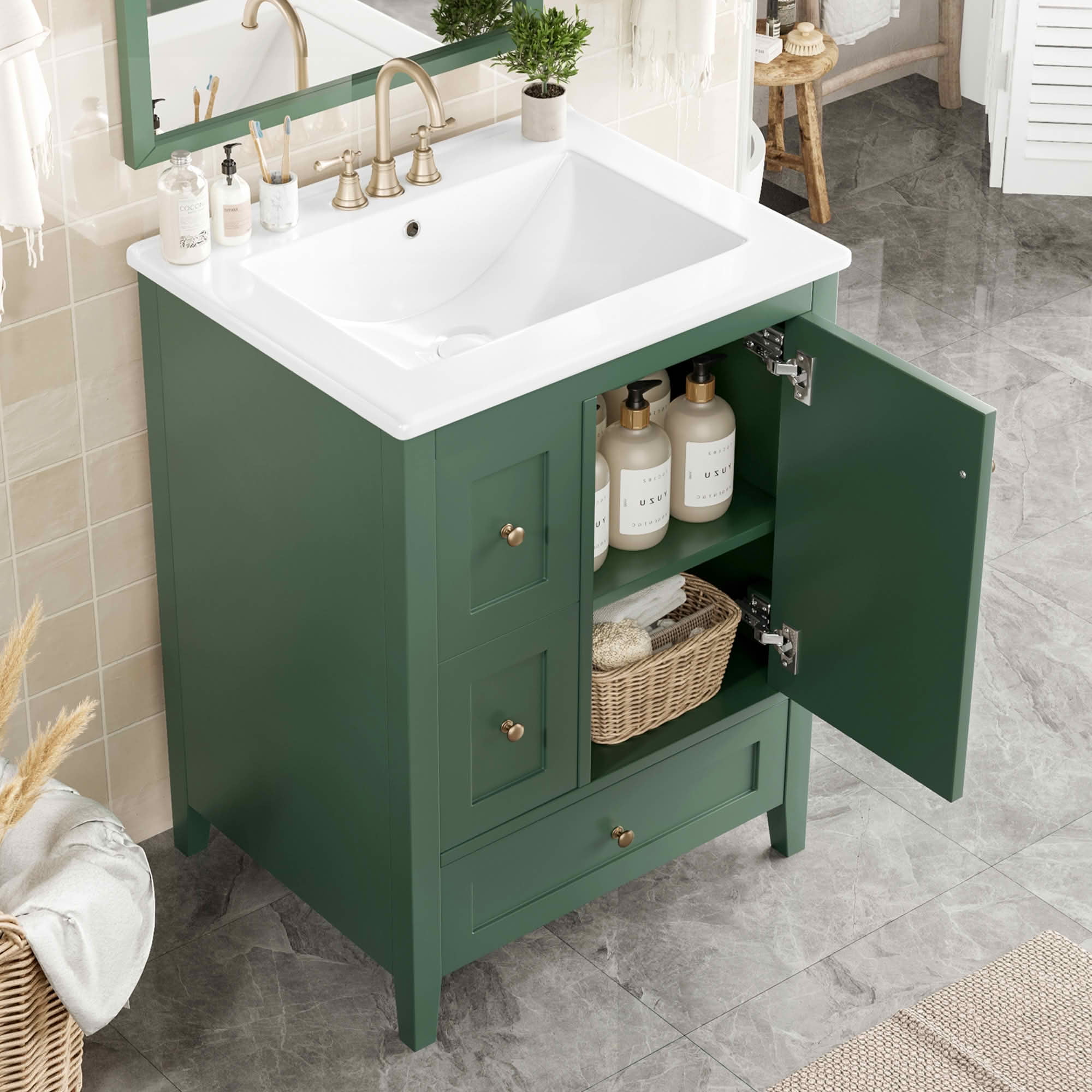 MAYEERTY 24-Inch Bathroom Vanity with Storage, Adjustable Shelf MDF Rubberwood Removable Dividers, Dark Green Finish