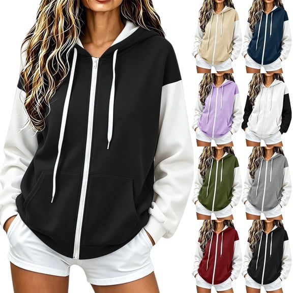 Jsaierl Women's Trendy Color Block Zip Up Hoodies Sweatshirts with Drawstring and Kangaroo Pocket Oversized Sporty Tops S-2XL