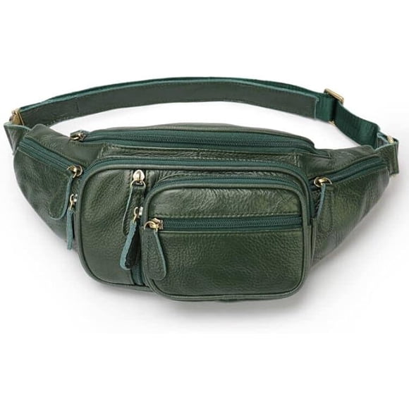 MARRANT Cangurera de Cuero Genuino para Hombre, Bolsa de Cintura Cruzada de Gran Capacidad con Múltiples Bolsillos con Zíper, Verde