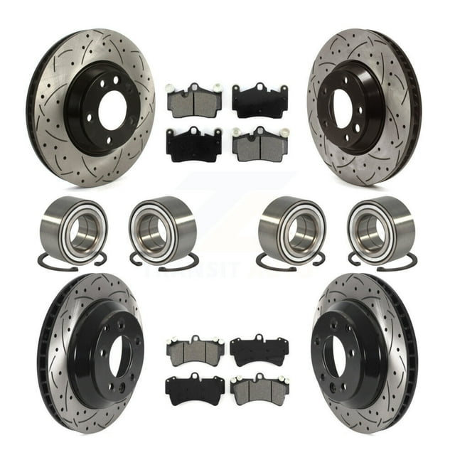 Transit Auto Front Rear Wheel Bearings Coated Disc Brake Rotors and Semi-Metallic Pads Kit (10Pc) for Car Audi Q7 Volkswagen Touareg - Left Right Side (Driver Passenger) KBB-116187