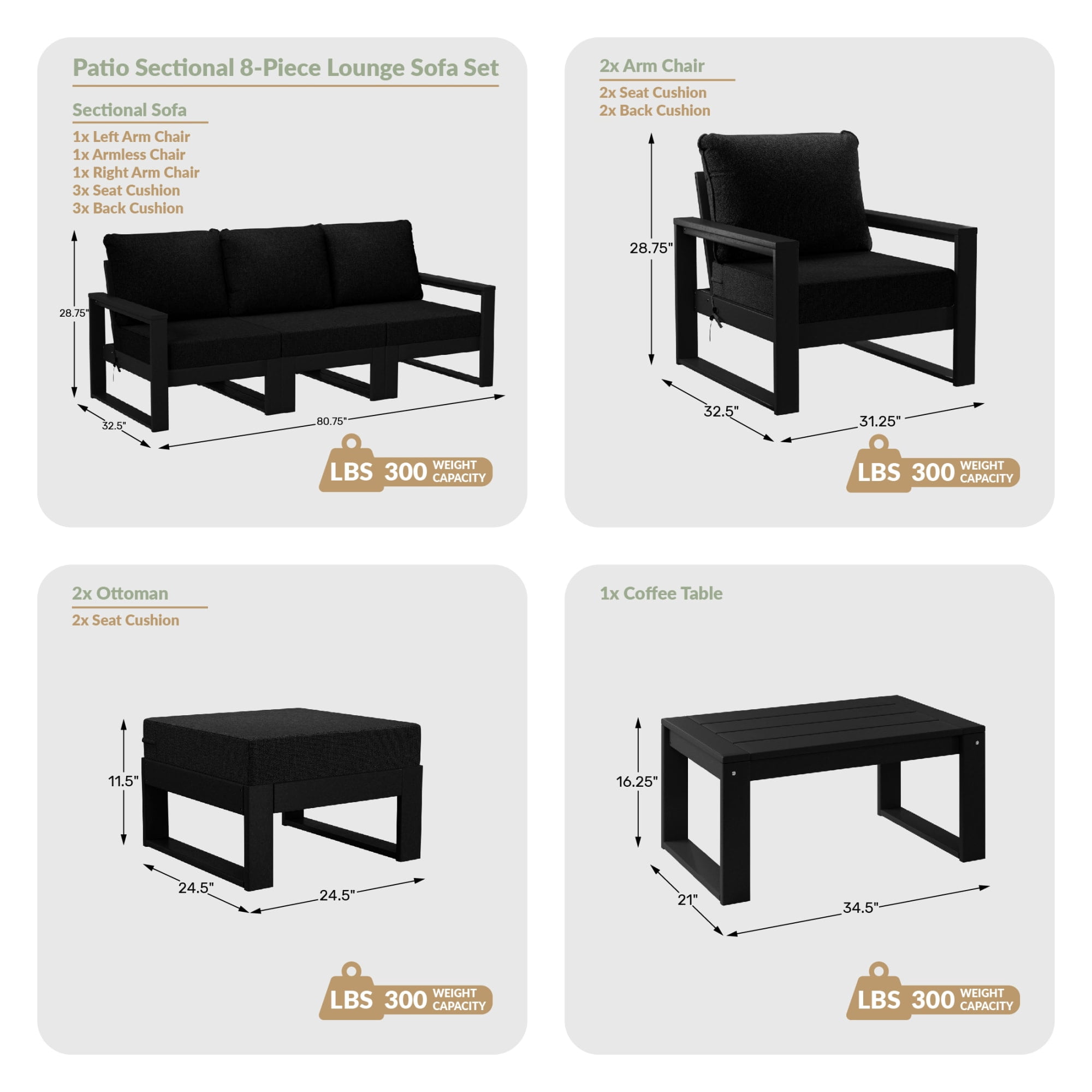 WestinTrends Montara 8-Piece Modern HDPE Outdoor Patio Furniture Conversation Set with Coffee Table and Ottomans, Black