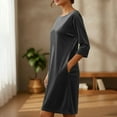 thumbnail image 5 of Women Velvet Dresses 3/4 Sleeve Shirt Dress Vintage Velvet Solid Color Crewneck Midi Tunic Dress Casual Fall Outfits with Pockets, 5 of 7