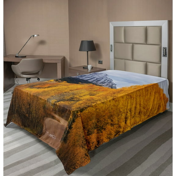 Ambesonne Autumn Flat Sheet, Fall Season with Mountain, TwinXL Size, Orange Pale Ceil Blue