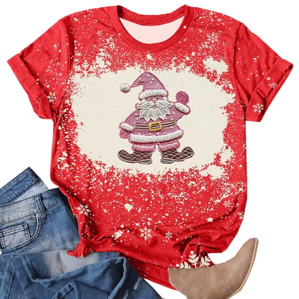 Fiudx Tops para Mujer Camiseta de Manga Corta con Cuello Redondo y Estampado Navideño a La Moda para Mujer