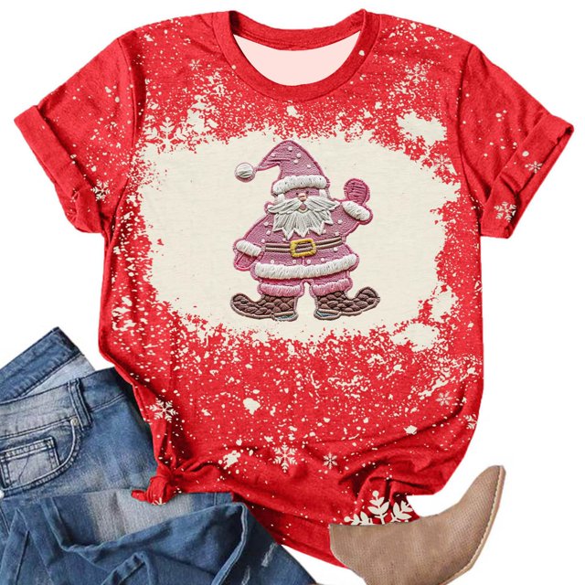 Fiudx Ofertas de La Semana Camiseta de Manga Corta con Cuello Redondo y Estampado Navideño a La Moda para Mujer