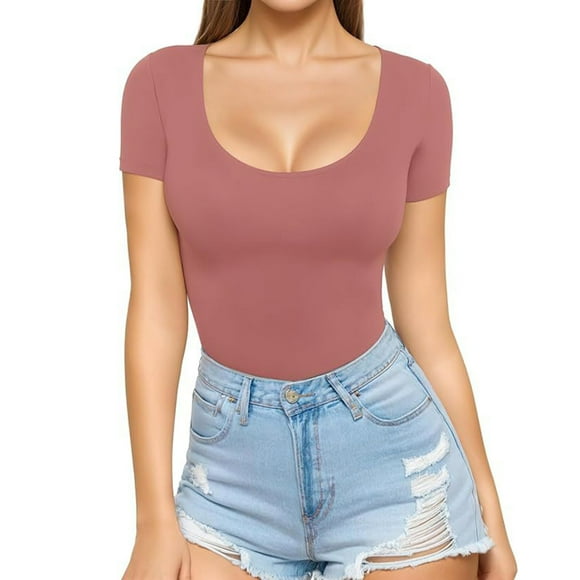 hoksml Women Sexy Slim Short Sleeve T-Shirts, Sequins Solid Color Scoop Neck Blouse Shirt, Crop Top, Basic Tops, Sports Yoga Running Clothes 2025 Summer on Clearance