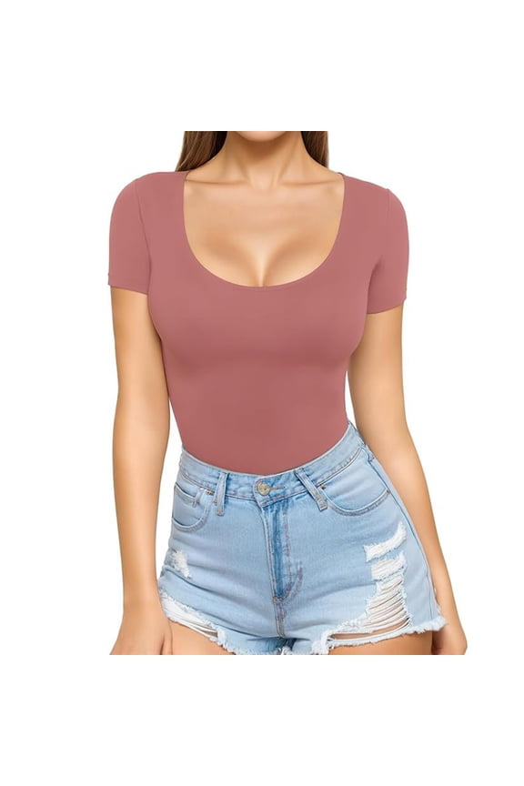 Blouses For Women, Women's Scoop Neck Slim Fitted Short Sleeve Double Lined T Shirt Tight Basic Tops Y2K Tee