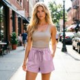 thumbnail image 3 of DORKASM Women's Linen Drawstring Shorts High Waisted 4" Inseam Summer Shorts Purple L, 3 of 7