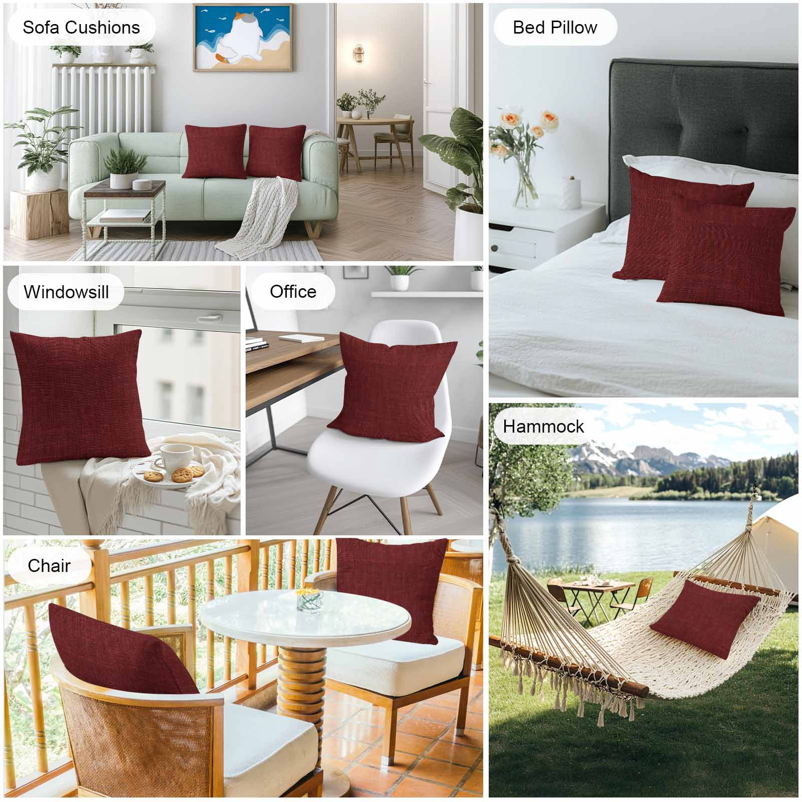 Waterproof Throw Pillow Covers 16x16 Set of 2, Classic Solid Dark Red Outdoor Pillowcases with Invisible Zipper, Vintage Monochrome Decorative Cushion Covers for Patio Garden Sofa Couch Balcony