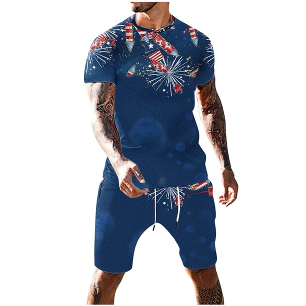 Mens Pantalones Casuales Cuello Redondo Impresión de Manga Corta Blusa Y Pantalones Cortos Traje, Pantalones de Traje para Hombres