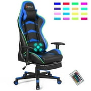 Massage LED Gaming Chair with Lumbar Support & Footrest-Blue - Color: Blue - Size: 28.5" x 28.5" x (50" - 54")