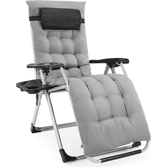 Nextay Zero Gravity Chair, Reclining Camping Lounge Chair for Indoor, Reclining Patio Chairs with Cup Holder Trays and Removable Cushion, Folding Recliner for Outdoor, Grey