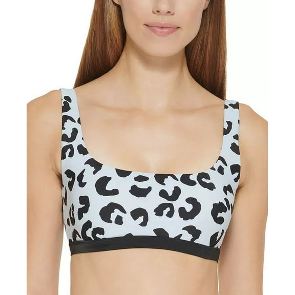 DKNY BLACK LEOPARD LIGHT BLUE Leopard-Print Bikini Swim Top, US Medium