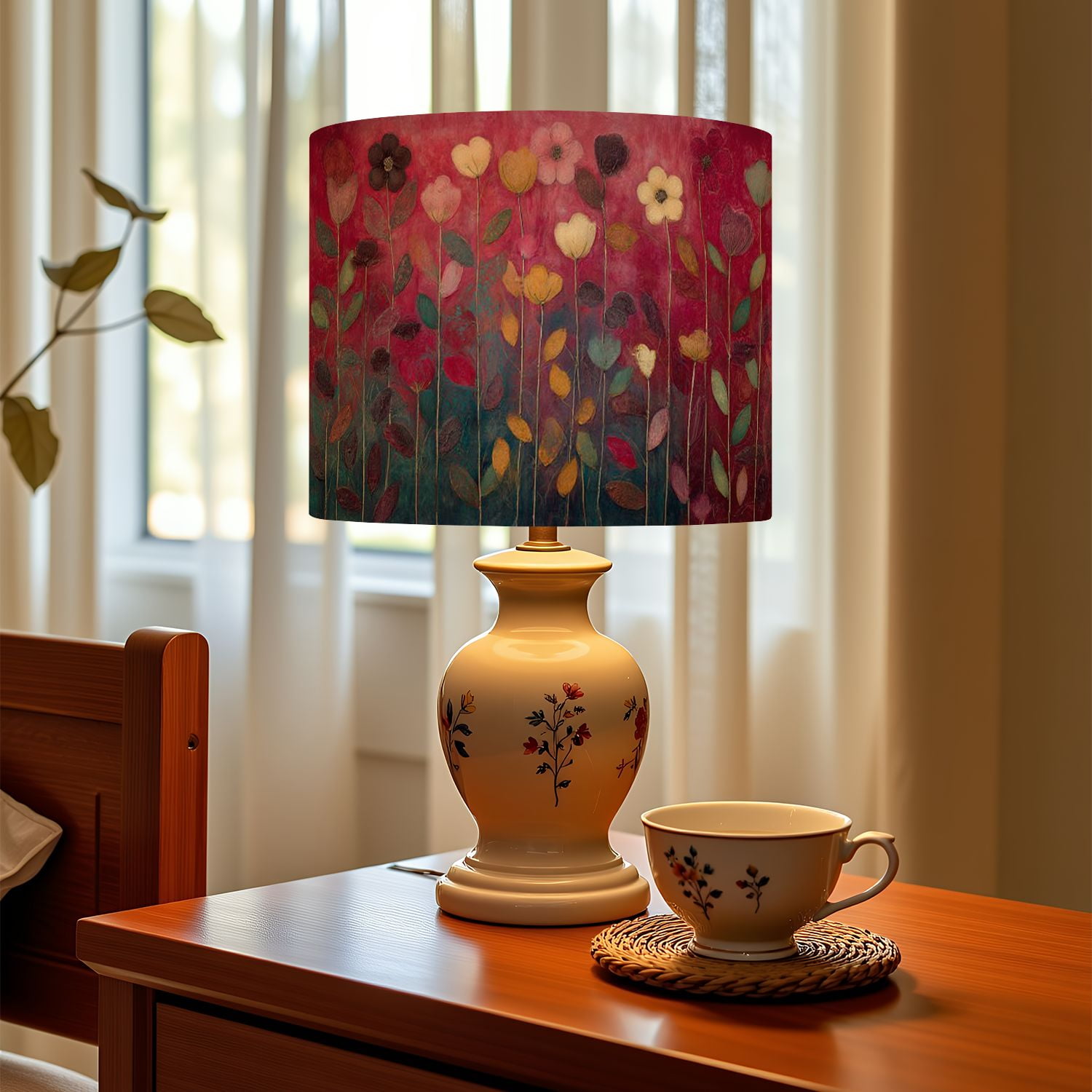 Linen Drum Lampshades Red Floral Burgundy Leaf Vintage Boho Flower Colorful Flowers 13"x13"x10" Light Shade for Table Lamps Floor Lamps Drum Lamp Shades Lampshade Replacement Assembly Required