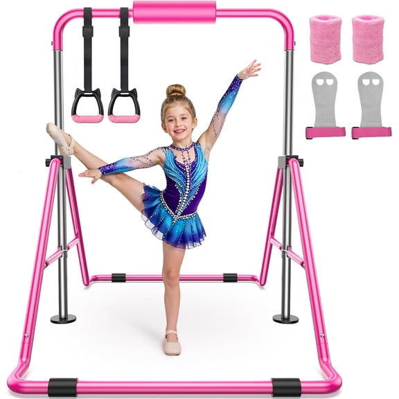 Gymnastics Bar for Kids,Adjustable Height Gymnastic Horizontal Bars,Folding Gymnastic Junior Training Kip Bar for Home, Pink