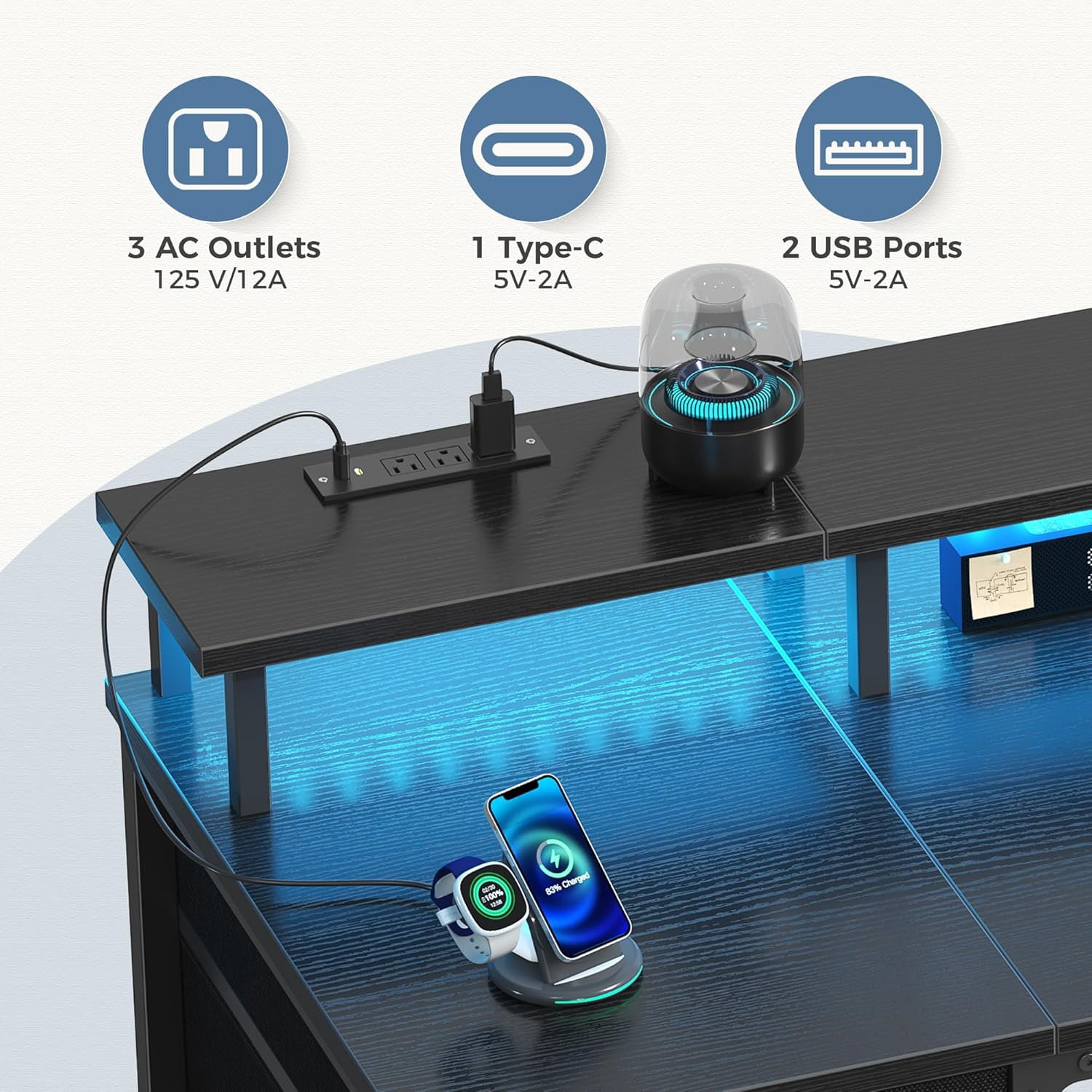 CONCETTA 40 Inch Computer Gaming Desk with 4 Drawers, Power Outlets and LED Lights for Home Small Spaces, Black